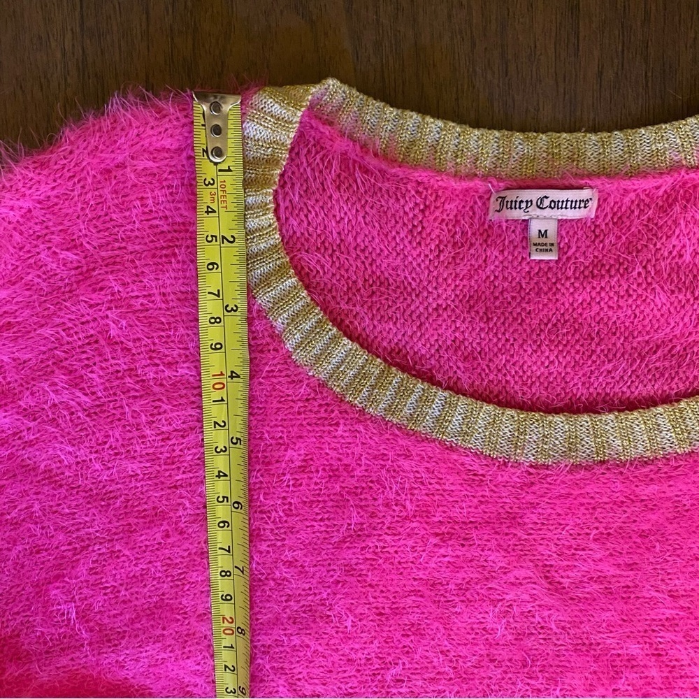 Y2K Women's Juicy Couture Pink & Gold Fuzzy Knit Sweater Size Medium Pocket - Picture 6 of 10
